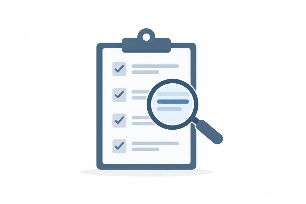 Checklist with magnifying glass representing red flags to check before hiring an online accountant