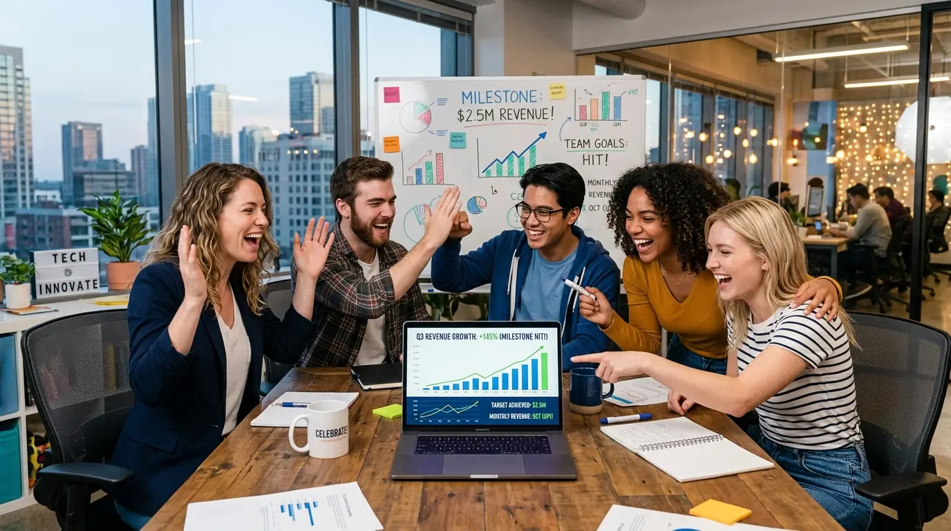Startup team celebrating hitting revenue growth milestones while reviewing sales charts on a laptop