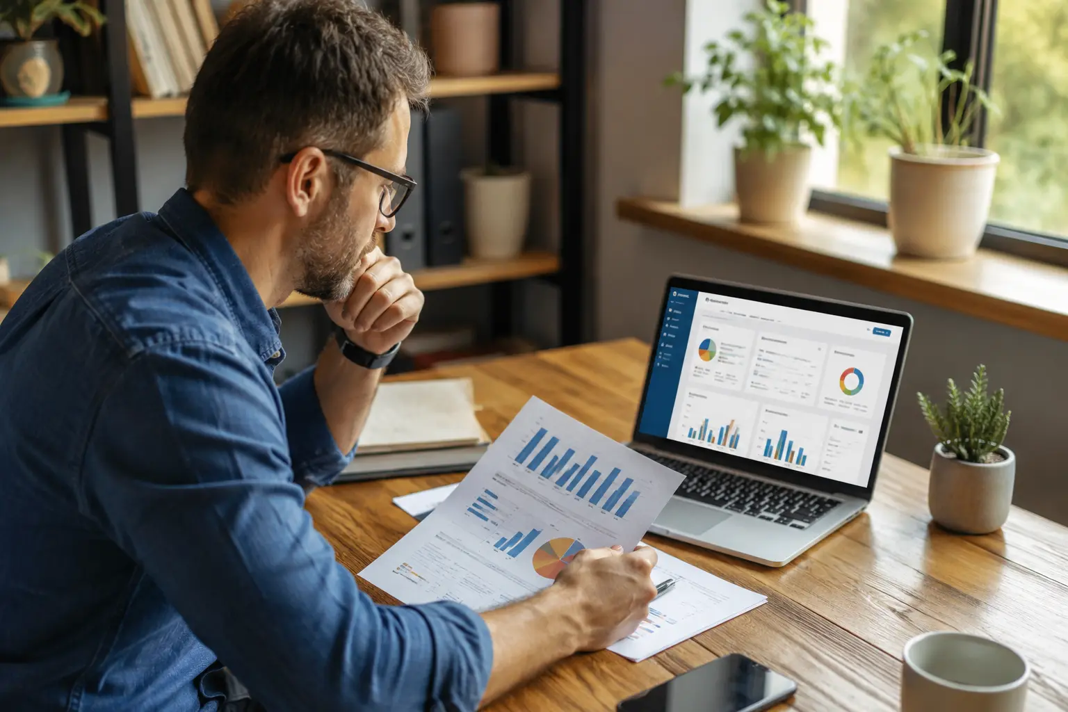 Business owner reviewing printed financial charts next to a laptop dashboard showing accounting data