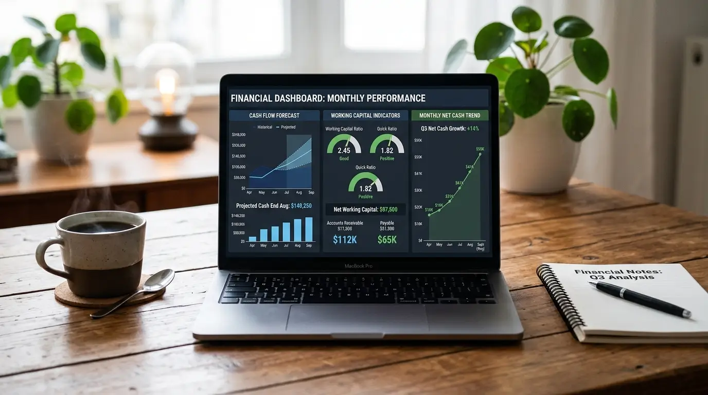 Financial dashboard showing cash flow forecasts, working capital ratios, and monthly net cash trend lines