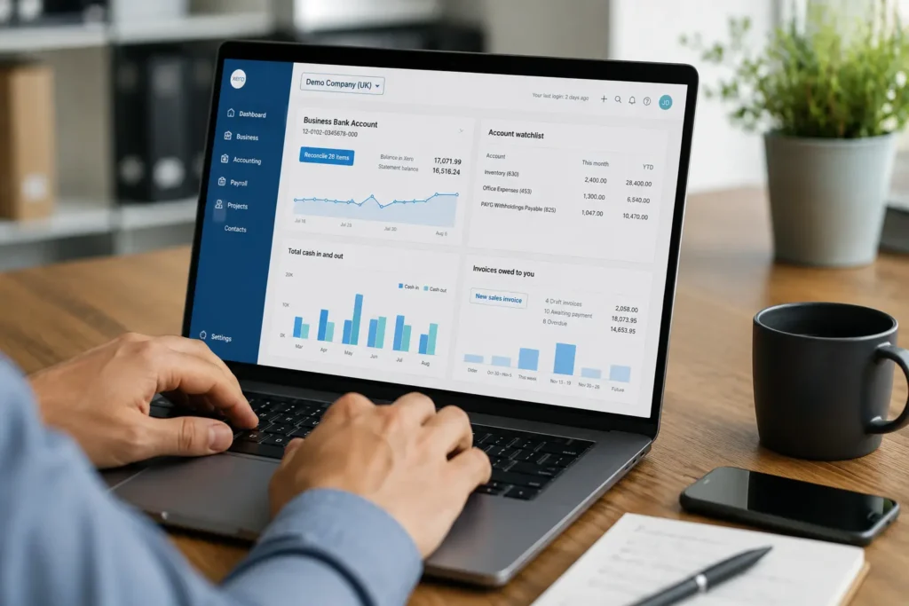 Laptop screen showing a cloud accounting dashboard with cash flow and invoice tracking