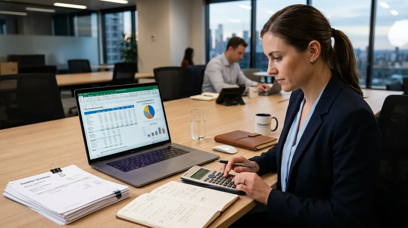 Finance manager calculating tax allowances and cost accounting metrics on a digital calculator next to invoices