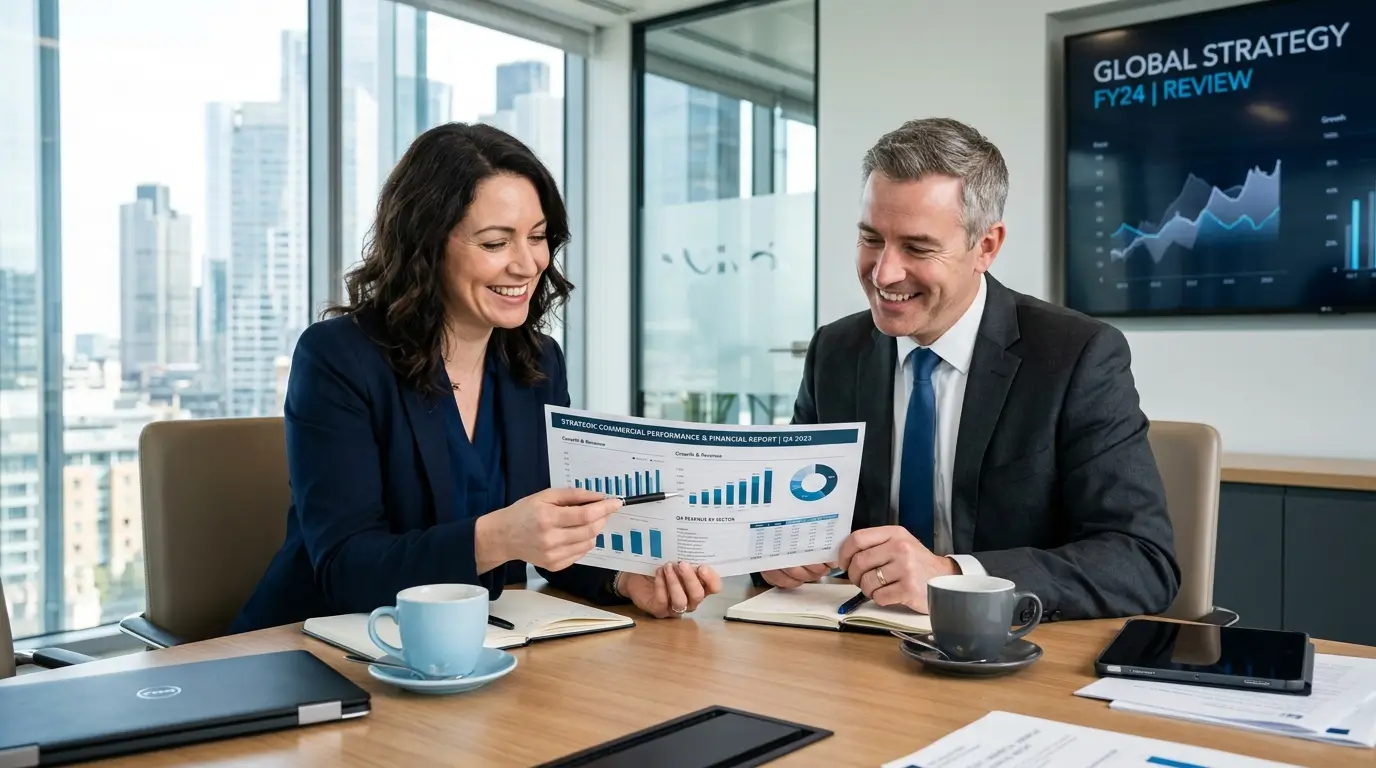 Two business partners reviewing a strategic commercial performance report in a modern boardroom