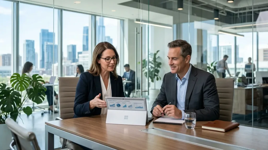 Financial advisor explaining branches of business accounting on a tablet to an executive in a modern office