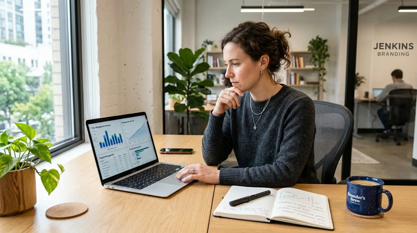 Founder analyzing time management and commercial growth graphs on a laptop at a minimalist workspace