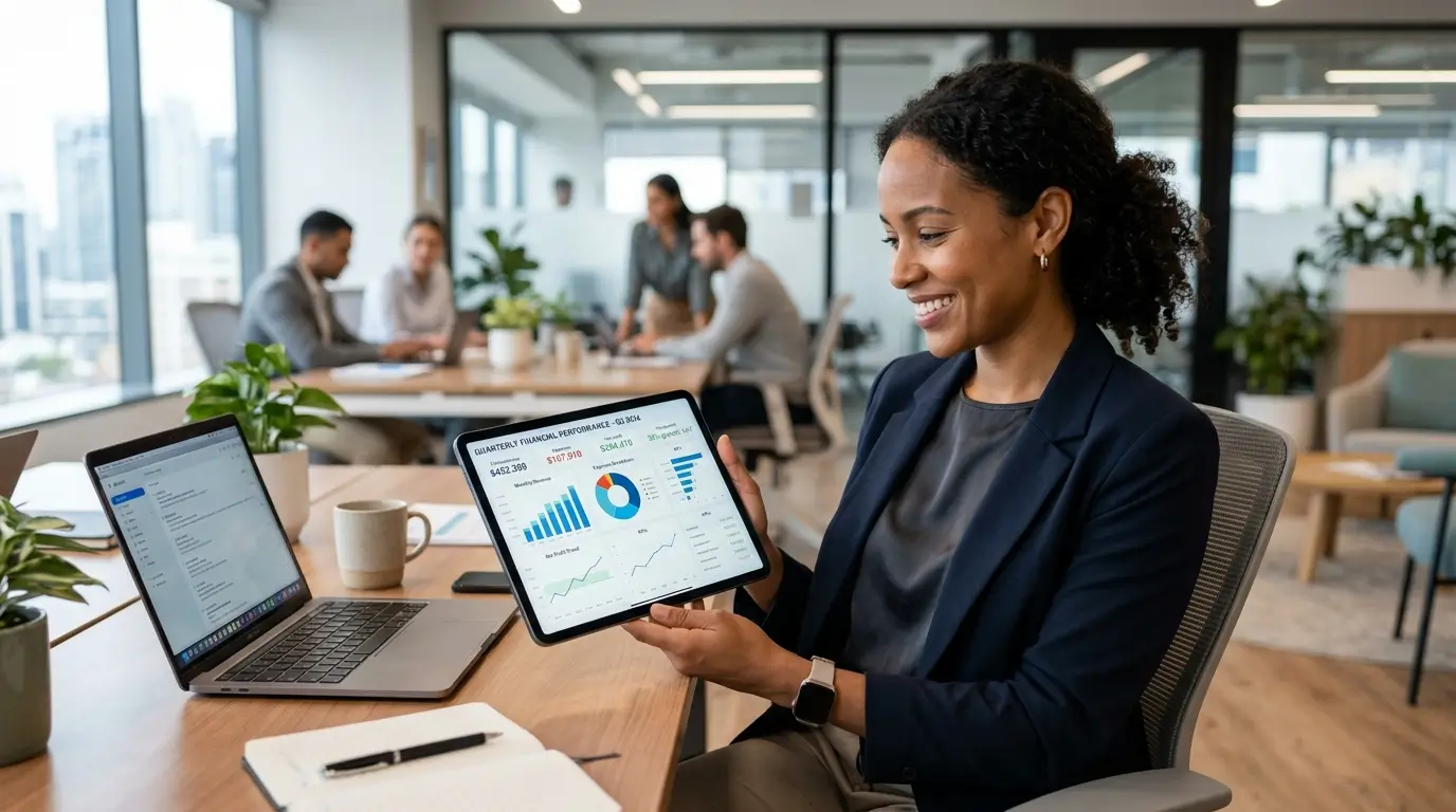 Entrepreneur holding a digital tablet displaying visual accounting dashboards and profit margins with confidence