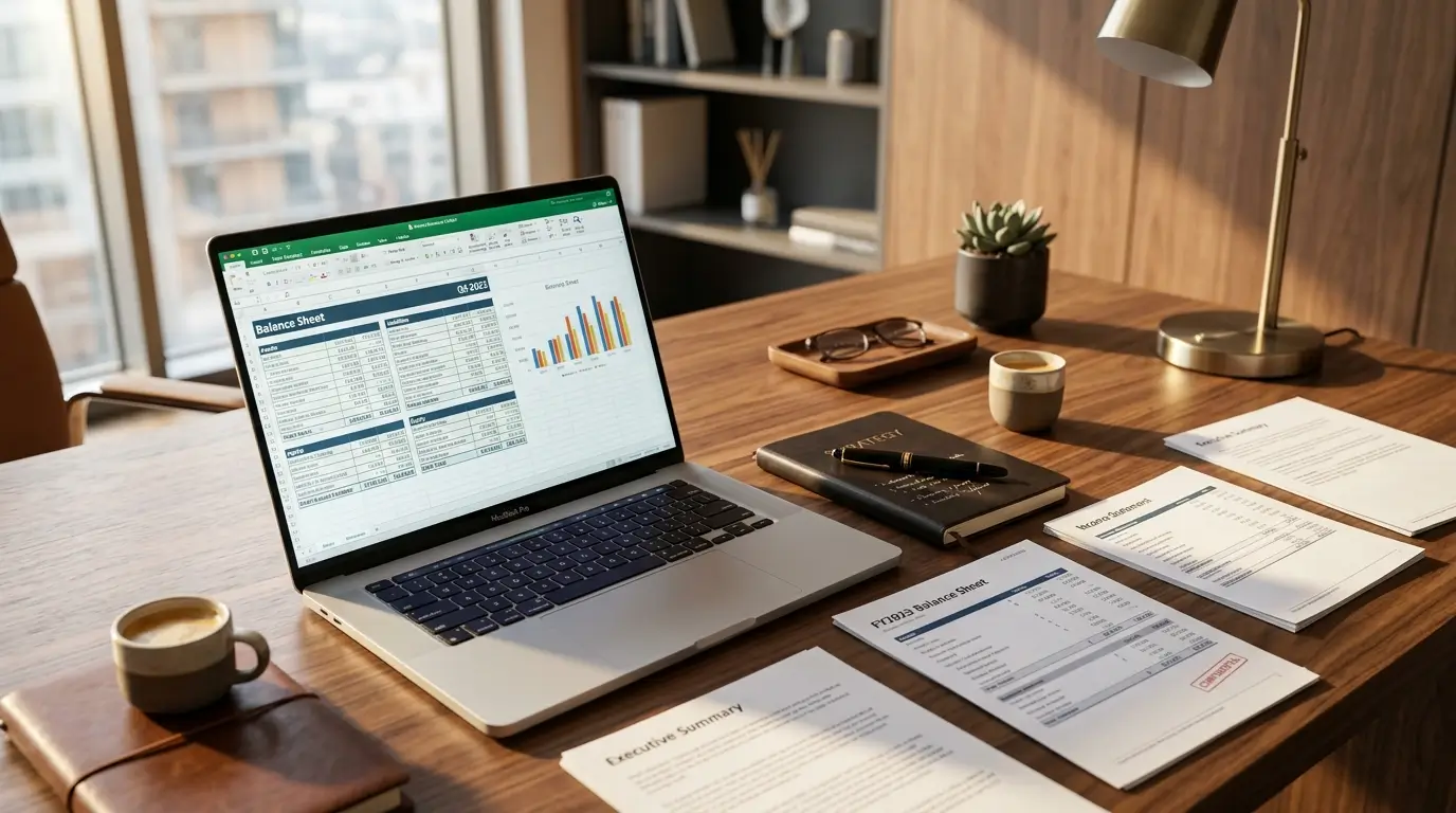 Corporate financial statements and balance sheet spreadsheets open on a laptop on an executive desk