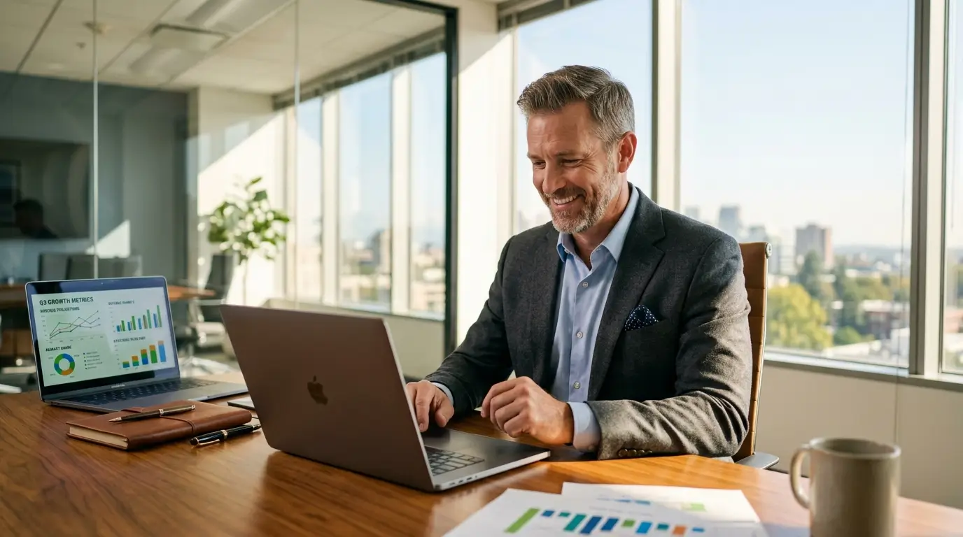 Confident business owner smiling while reviewing financial growth metrics and cash flow graphs on a laptop