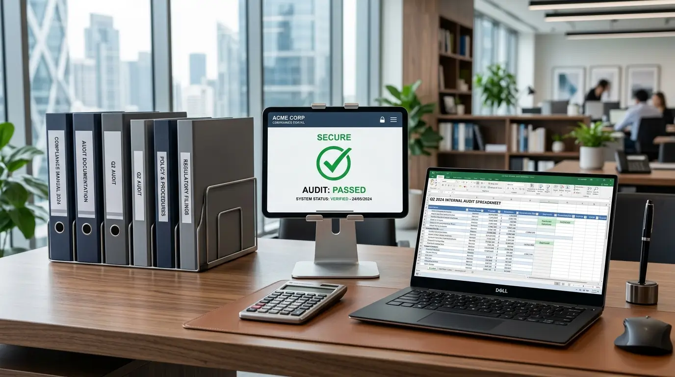 Corporate office desk with organized compliance folders, audit spreadsheets, and a tablet showing audit passed