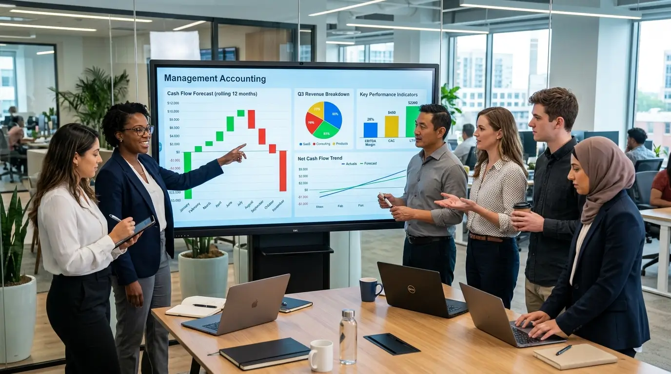 Finance team collaborating around a digital display showing management accounts and cash flow forecasts